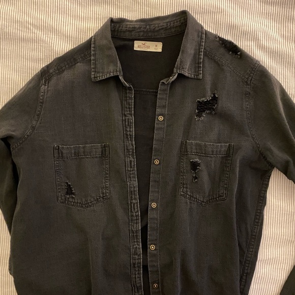 Black Chambray Distressed Button-Up - Picture 7 of 13